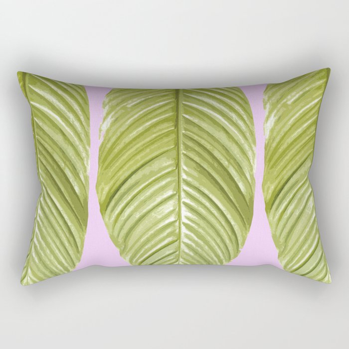 Three large green leaves on a pink background - vivid colors #decor #society6 #buyart Rectangular Pillow