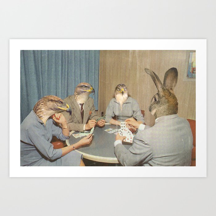 Too Late Mr. Hudson - Birds of prey playing poker with a rabbit in a casino Art Print