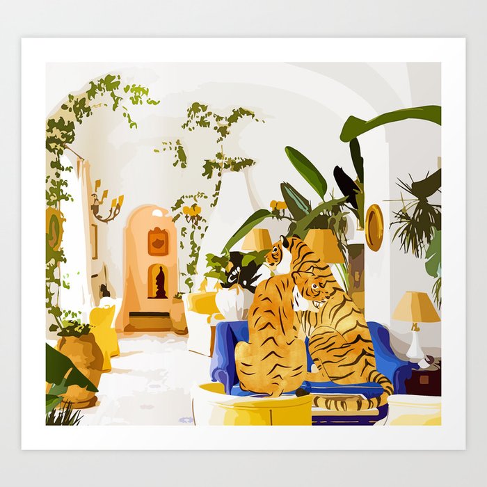 Tiger Reserve Villa | Bohemian Tropical Jungle Décor | Pastel Honeymoon Couple Love Wildlife Art Print