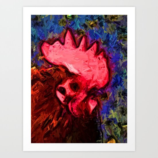 Red Rooster with some Blue Art Print