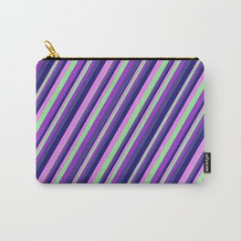 [ Thumbnail: Colorful Light Green, Dark Orchid, Dark Slate Blue, Midnight Blue, Violet Colored Striped Pattern Carry-All Pouch ]