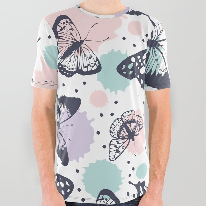 Butterflies and Pastel Blobs  All Over Graphic Tee