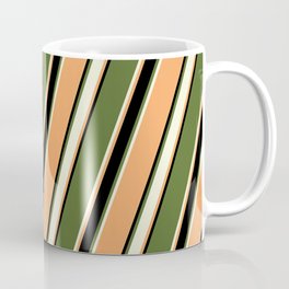 [ Thumbnail: Dark Olive Green, Beige, Brown & Black Colored Pattern of Stripes Coffee Mug ]