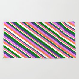 [ Thumbnail: Dark Slate Blue, Violet, Coral, White, and Green Colored Lined/Striped Pattern Beach Towel ]