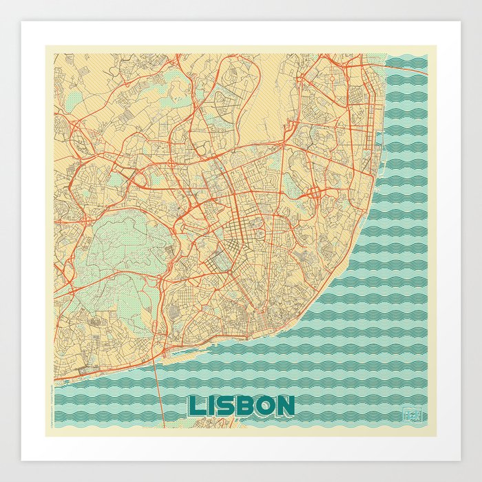 Lisbon Map Retro Art Print