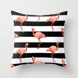 Simply Flamingo Deep Coral on Midnight Black Stripes Throw Pillow