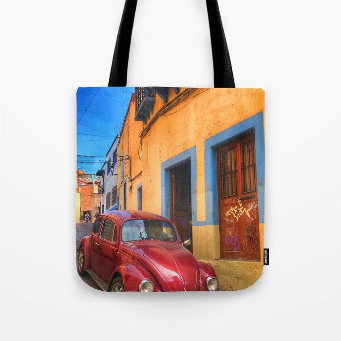 Mexico Photography - Car Parked In A Narrow Mexican Street Tote Bag