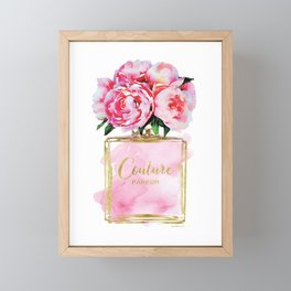 Perfume bottle with flowers, Peony, Peonies, Pink, gold, watercolor, Perfume, Pink, Gold ,Fashion Framed Mini Art Print