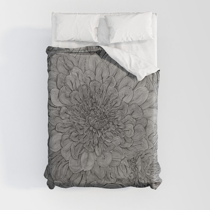 Black and White Floral Line Drawing Duvet Cover