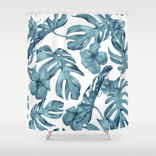 Teal Blue Tropical Palm Leaves Flowers Shower Curtain By