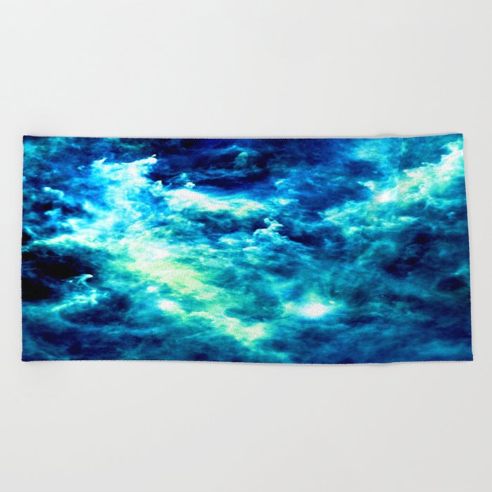 stormy nebula clouds turquoise blue Beach Towel