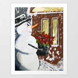 Giving Snowman Art Print | Winter, Snowman, Painting, Acrylic, Snow, Pointsettia, Giving, Christmas 