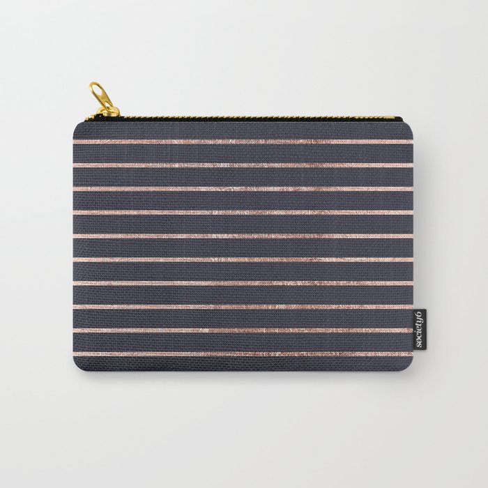 Elegant Chic Rose Gold Stripes and Navy Blue Carry-All Pouch