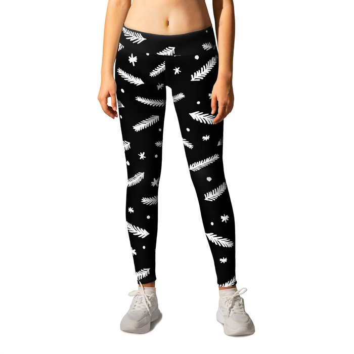 Christmas branches and stars - black and white Leggings