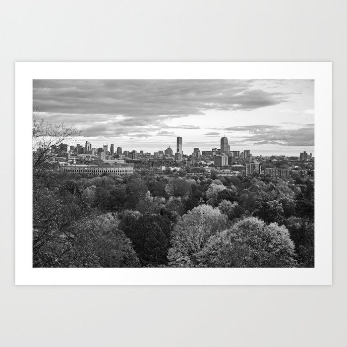 Boston Skyline through the Autumn Trees Boston Massachusetts Black and White Art Print