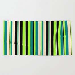 [ Thumbnail: Light Green, Teal, Bisque & Black Colored Lined/Striped Pattern Beach Towel ]