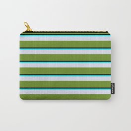 [ Thumbnail: Black, Aqua, Lavender & Green Colored Stripes Pattern Carry-All Pouch ]