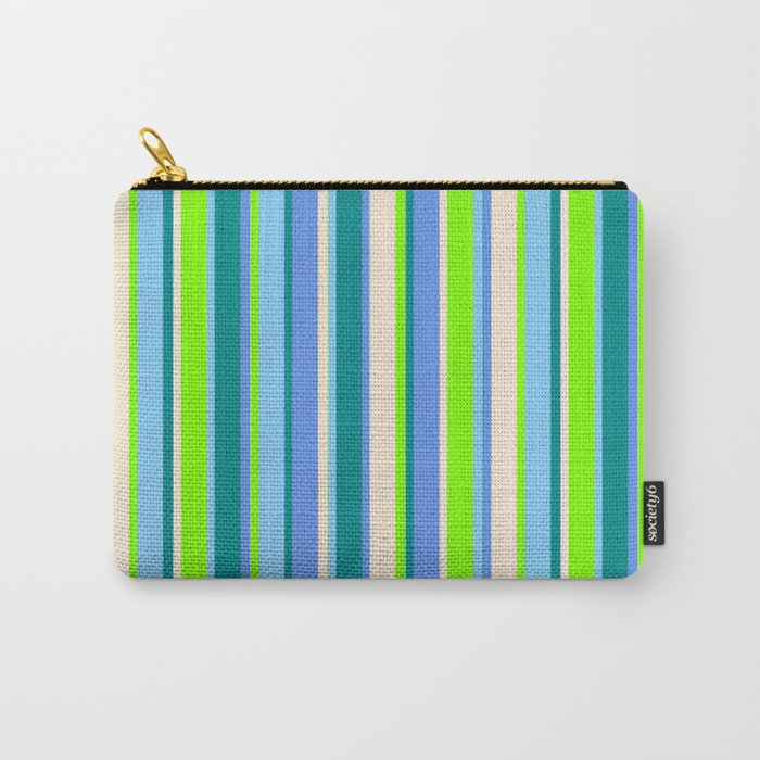 Eye-catching Chartreuse, Light Sky Blue, Dark Cyan, Cornflower Blue, and Beige Colored Lines Pattern Carry-All Pouch