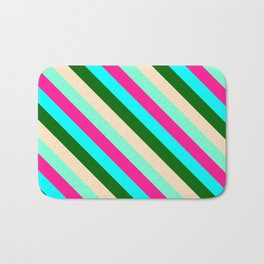 [ Thumbnail: Colorful Deep Pink, Cyan, Dark Green, Bisque, and Aquamarine Colored Striped/Lined Pattern Bath Mat ]
