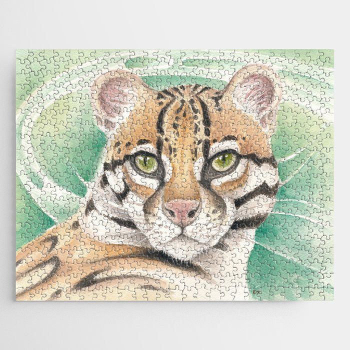 Ocelot Gaze Wild Jungle Cat Watercolor Jigsaw Puzzle