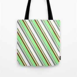[ Thumbnail: Green, Grey, White, and Brown Colored Lined/Striped Pattern Tote Bag ]