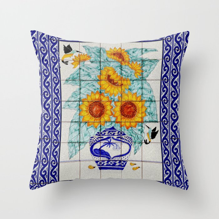 TALAVERA MEXICAN TILE WITH SUNFLOWERS Throw Pillow by mademoiselle