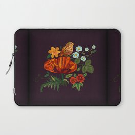 Pillow. Vintage floral embroidery design on black background. Bird, Red Poppy and yellow Lily flowers. Vintage illustration Laptop Sleeve