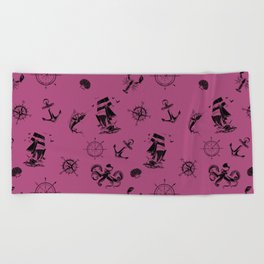 Magenta And Black Silhouettes Of Vintage Nautical Pattern Beach Towel