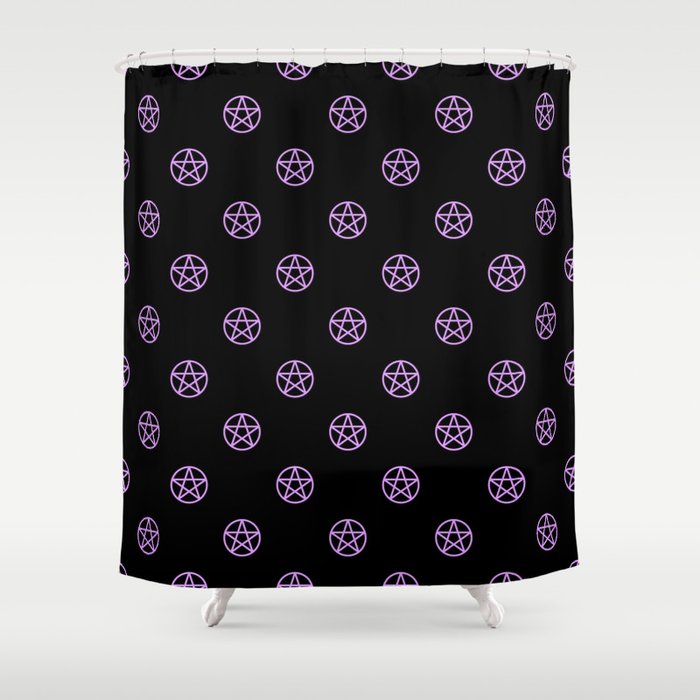 Purple Pentacle Pattern On Black Shower Curtain