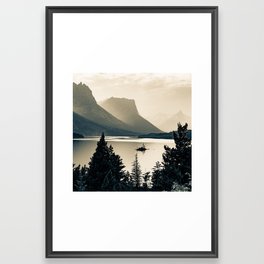 Glacier Park Mountain Landscape Over Wild Goose Island - Sepia 1x1 Framed Art Print