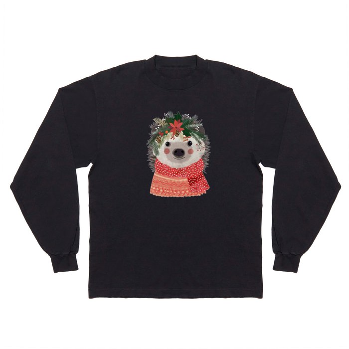 Hedgehog with Christmas Flowers Long Sleeve T Shirt