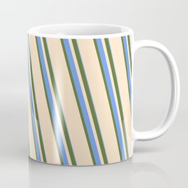 [ Thumbnail: Dark Olive Green, Bisque, and Cornflower Blue Colored Stripes Pattern Coffee Mug ]