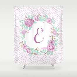 Monogram E - cute girls purple florals flower wreath, lilac florals, baby girl, baby blanket Shower Curtain
