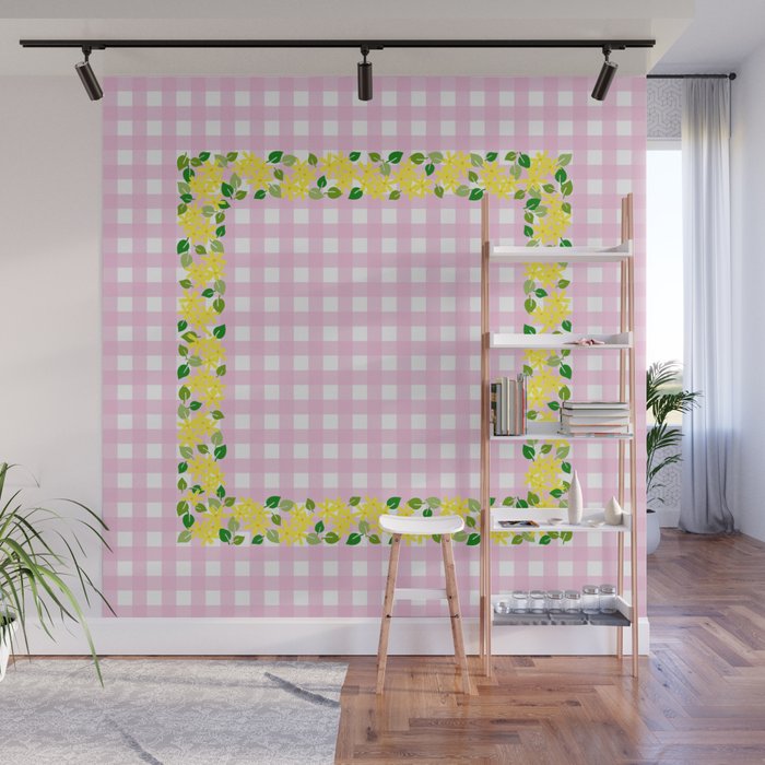 Yellow Flowers on Light Pink Check - more colors Wall Mural