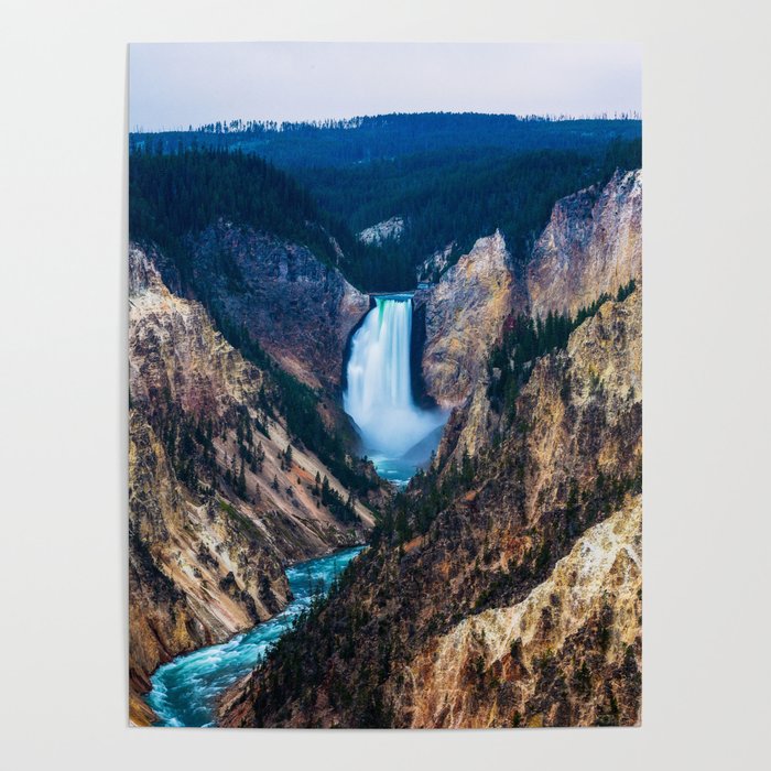 Lower Falls - Rainy Evening at the Grand Canyon of the Yellowstone in Yellowstone National Park Poster