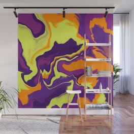 Abstract liquid marble purple, orange, neon pattern painting - Mixed marbled colorful flow Wall Mural