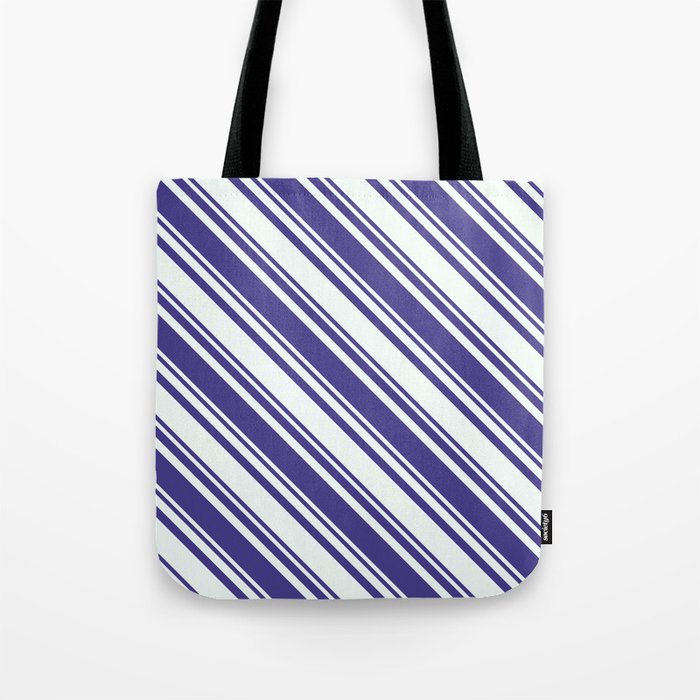 Dark Slate Blue & Mint Cream Colored Stripes/Lines Pattern Tote Bag