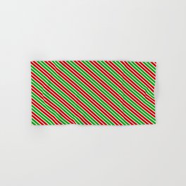 [ Thumbnail: Festive, Fun Christmas Themed Red, White & Green Colored Pattern of Stripes Hand & Bath Towel ]