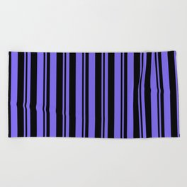 [ Thumbnail: Black & Medium Slate Blue Colored Lines Pattern Beach Towel ]