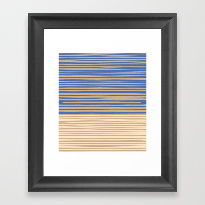 Natural Stripes Modern Minimalist Colour Block Pattern in Oat Beige and Blue Framed Art Print