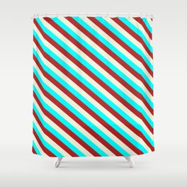 [ Thumbnail: Aqua, Red & Beige Colored Pattern of Stripes Shower Curtain ]