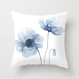 Blue Watercolor Poppies Throw Pillow