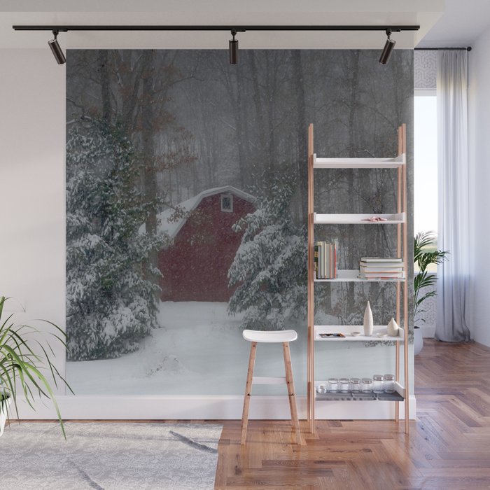 Red Barn in a Snow Storm Wall Mural