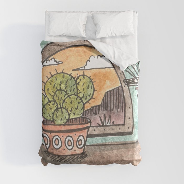 New Mexico Sunset With Cactus & Cross Duvet Cover
