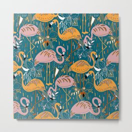 Flamingos On Blue Metal Print | Flamingos, Elegant, Blush, Bird, Birds, Digital, Tigatiga, Flamingo, Teal, Flowers 