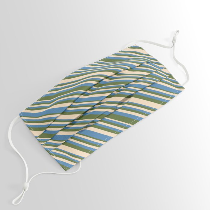 Bisque, Blue, and Dark Olive Green Colored Lines/Stripes Pattern Face Mask