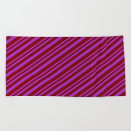 [ Thumbnail: Dark Orchid & Dark Red Colored Lines Pattern Beach Towel ]