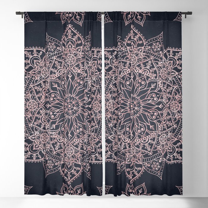 Elegant rose gold poinsettia and snowflakes mandala art Blackout Curtain