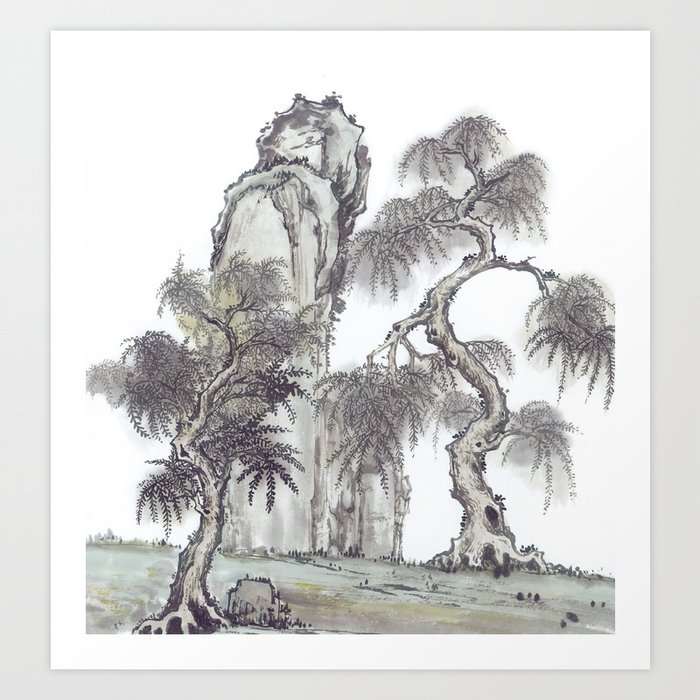 Chinese Ink And Brush Painting Of Trees And Mountains Art Print By