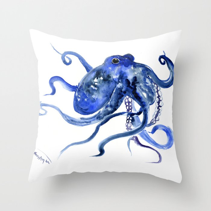 Octopus Design Blue Navy Blue Beach, cute ocotpus texture art Throw Pillow